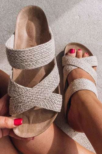 Beige Woven Slip On Sandals