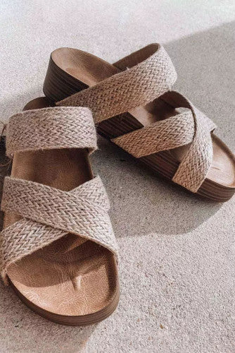 Beige Woven Slip On Sandals