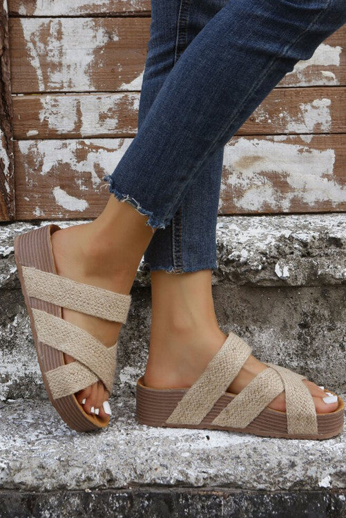 Beige Woven Slip On Sandals